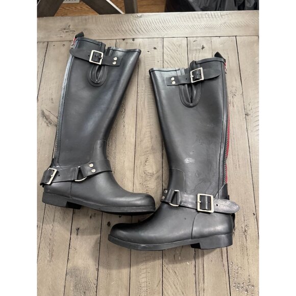 Steve Madden Tsunami Wellies Tall Black Buckle Rain Boots Red Detail Size 5 - Picture 3 of 8